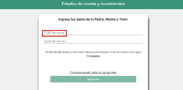 PASO 2 PARA CONSULTAR SALDO DE TU CUENTA INGRESAR DATOS DEL MENOR